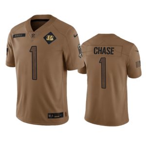 Men Cincinnati Bengals #1 Ja'Marr Chase 2023 Brown Salute To Service Limited Football Stitched Jersey