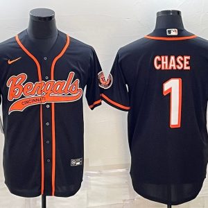 Men Cincinnati Bengals #1 Ja'Marr Chase Black With Patch Cool Base Stitched Baseball Jersey