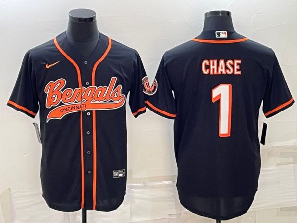 Men Cincinnati Bengals #1 Ja'Marr Chase Black With Patch Cool Base Stitched Baseball Jersey