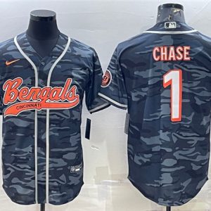 Men Cincinnati Bengals #1 Ja'Marr Chase Gray Camo With Patch Cool Base Stitched Baseball Jersey