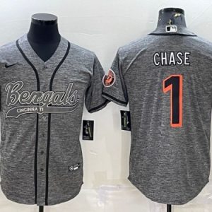 Men Cincinnati Bengals #1 Ja'Marr Chase Gray With Patch Cool Base Stitched Baseball Jersey