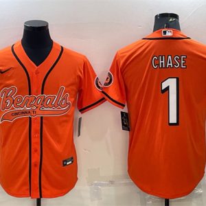 Men Cincinnati Bengals #1 Ja'Marr Chase Orange With Patch Cool Base Stitched Baseball Jersey