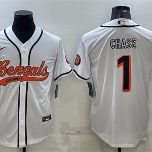 Men Cincinnati Bengals #1 Ja'Marr Chase White With Patch Cool Base Stitched Baseball Jersey