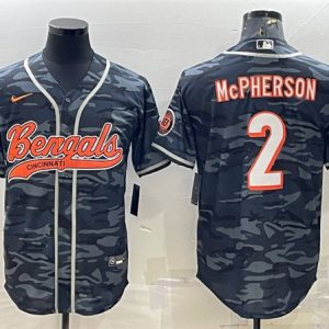 Men Cincinnati Bengals #2 Evan McPherson Gray Camo With Patch Cool Base Stitched Baseball Jersey