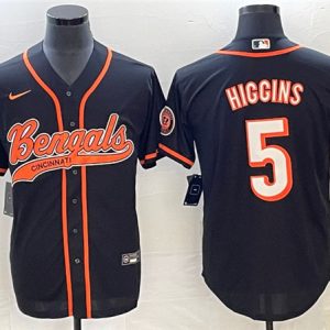 Men Cincinnati Bengals #5 Tee Higgins Black With Patch Cool Base Stitched Baseball Jersey