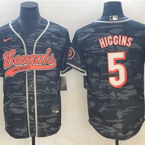 Men Cincinnati Bengals #5 Tee Higgins Gray Camo With Patch Cool Base Stitched Baseball Jersey