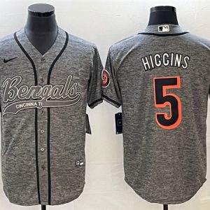 Men Cincinnati Bengals #5 Tee Higgins Gray With Patch Cool Base Stitched Baseball Jersey