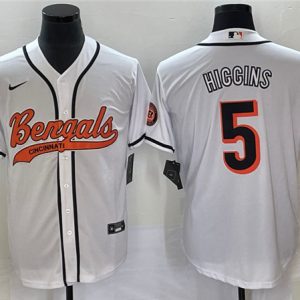 Men Cincinnati Bengals #5 Tee Higgins White With Patch Cool Base Stitched Baseball Jersey