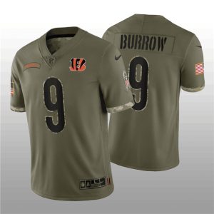 Men Cincinnati Bengals #9 Joe Burrow 2022 Olive Salute To Service Limited Stitched Jersey