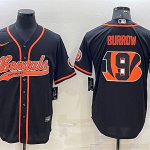 Men Cincinnati Bengals #9 Joe Burrow Black Team Big Logo With Patch Cool Base Stitched Baseball Jersey