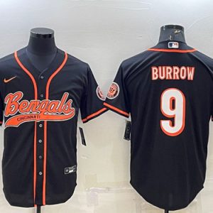 Men Cincinnati Bengals #9 Joe Burrow Black With Patch Cool Base Stitched Baseball Jersey