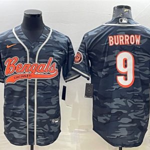 Men Cincinnati Bengals #9 Joe Burrow Gray Camo With Patch Cool Base Stitched Baseball Jersey