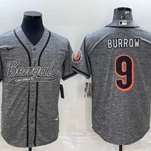 Men Cincinnati Bengals #9 Joe Burrow Gray With Patch Cool Base Stitched Baseball Jersey