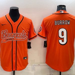 Men Cincinnati Bengals #9 Joe Burrow Orange With Patch Cool Base Stitched Baseball Jersey