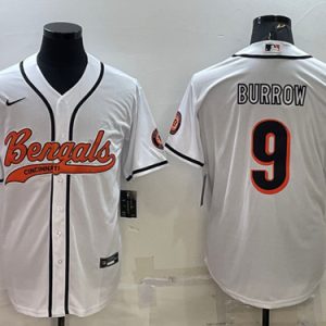 Men Cincinnati Bengals #9 Joe Burrow White With Patch Cool Base Stitched Baseball Jersey