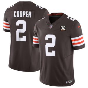 Men Cleveland Browns #2 Amari Cooper Brown 2023 F.U.S.E. With Jim Brown Memorial Patch Vapor Untouchable Limited Football Stitched Jersey