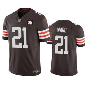 Men Cleveland Browns #21 Denzel Ward Brown 2023 F.U.S.E. With Jim Brown Memorial Patch Vapor Untouchable Limited Football Stitched Jersey