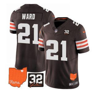 Men Cleveland Browns #21 Denzel Ward Brown 2023 F.U.S.E. With Jim Brown Memorial Patch Vapor Untouchable Limited Stitched Jersey