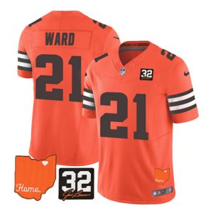 Men Cleveland Browns #21 Denzel Ward Orange 2023 F.U.S.E. With Jim Brown Memorial Patch Vapor Untouchable Limited Stitched Jersey