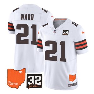 Men Cleveland Browns #21 Denzel Ward White 2023 F.U.S.E. With Jim Brown Memorial Patch Vapor Untouchable Limited Stitched Jersey