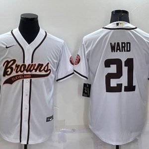 Men Cleveland Browns #21 Denzel Ward White With Patch Cool Base Stitched Baseball Jersey