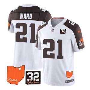 Men Cleveland Browns #21 Denzel Ward White/Brown 2023 F.U.S.E. With Jim Brown Memorial Patch Vapor Untouchable Limited Stitched Jersey