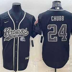 Men Cleveland Browns #24 Nick Chubb Black Reflective With Patch Cool Base Stitched Baseball Jersey