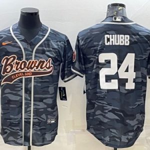 Men Cleveland Browns #24 Nick Chubb Gray Camo With Patch Cool Base Stitched Baseball Jersey