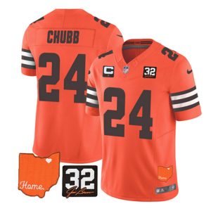 Men Cleveland Browns #24 Nick Chubb Orange 2023 F.U.S.E. With Jim Brown Memorial Patch and 1-Star C Patch Vapor Untouchable Limited Stitched Jersey