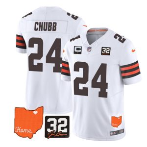 Men Cleveland Browns #24 Nick Chubb White 2023 F.U.S.E. With Jim Brown Memorial Patch and 1-Star C Patch Vapor Untouchable Limited Stitched Jersey