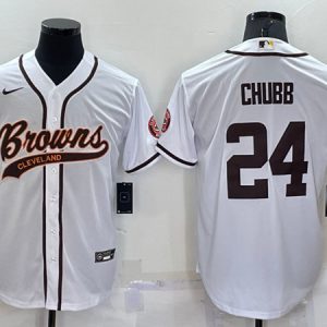 Men Cleveland Browns #24 Nick Chubb White With Patch Cool Base Stitched Baseball Jersey