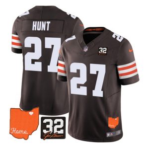 Men Cleveland Browns #27 Kareem Hunt Brown 2023 F.U.S.E. With Jim Brown Memorial Patch Vapor Untouchable Limited Stitched Jersey