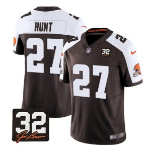 Men Cleveland Browns #27 Kareem Hunt Brown/White 2023 F.U.S.E. With Jim Brown Memorial Patch Vapor Untouchable Limited Stitched Jersey