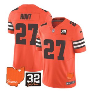 Men Cleveland Browns #27 Kareem Hunt Orange 2023 F.U.S.E. With Jim Brown Memorial Patch Vapor Untouchable Limited Stitched Jersey