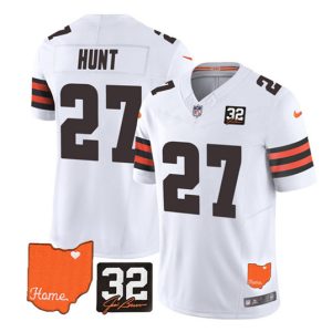 Men Cleveland Browns #27 Kareem Hunt White 2023 F.U.S.E. With Jim Brown Memorial Patch Vapor Untouchable Limited Stitched Jersey