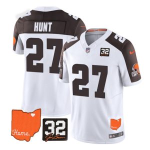 Men Cleveland Browns #27 Kareem Hunt White/Brown 2023 F.U.S.E. With Jim Brown Memorial Patch Vapor Untouchable Limited Stitched Jersey