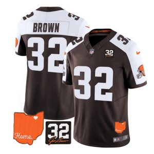 Men Cleveland Browns #32 Jim Brown Brown/White 2023 F.U.S.E. With Jim Brown Memorial Patch Vapor Untouchable Limited Stitched Jersey