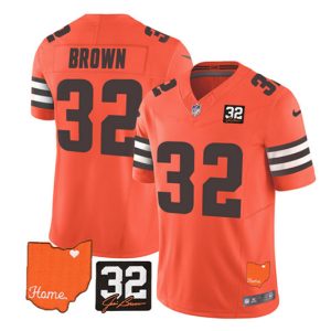 Men Cleveland Browns #32 Jim Brown Orange 2023 F.U.S.E. With Jim Brown Memorial Patch Vapor Untouchable Limited Stitched Jersey