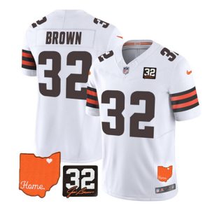 Men Cleveland Browns #32 Jim Brown White 2023 F.U.S.E. With Jim Brown Memorial Patch Vapor Untouchable Limited Stitched Jersey