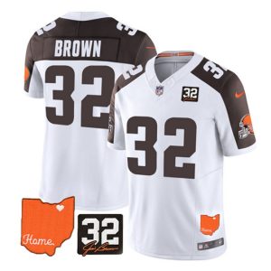 Men Cleveland Browns #32 Jim Brown White/Brown 2023 F.U.S.E. With Jim Brown Memorial Patch Vapor Untouchable Limited Stitched Jersey