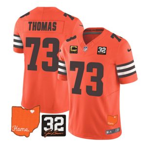 Men Cleveland Browns #73 Joe Thomas Orange 2023 F.U.S.E. With Jim Brown Memorial Patch and 4-Star C Patch Vapor Untouchable Limited Stitched Jersey