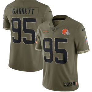 Men Cleveland Browns #95 Myles Garrett 2022 Olive Salute To Service Limited Stitched Jersey