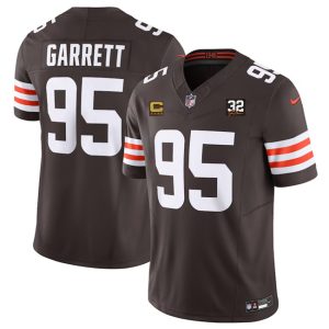 Men Cleveland Browns #95 Myles Garrett Brown 2023 F.U.S.E. With 4-Star C Patch And Jim Brown Memorial Patch Vapor Untouchable Limited Stitched Jersey