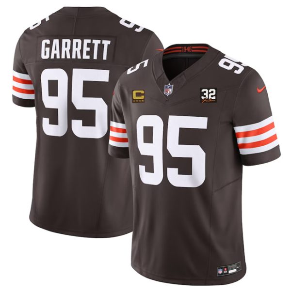 Men Cleveland Browns #95 Myles Garrett Brown 2023 F.U.S.E. With 4-Star C Patch And Jim Brown Memorial Patch Vapor Untouchable Limited Stitched Jersey