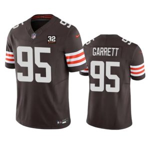 Men Cleveland Browns #95 Myles Garrett Brown 2023 F.U.S.E. With Jim Brown Memorial Patch Vapor Untouchable Limited Football Stitched Jersey