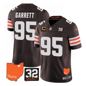 Men Cleveland Browns #95 Myles Garrett Brown 2023 F.U.S.E. With Jim Brown Memorial Patch and 4-Star C Patch Vapor Untouchable Limited Stitched Jersey