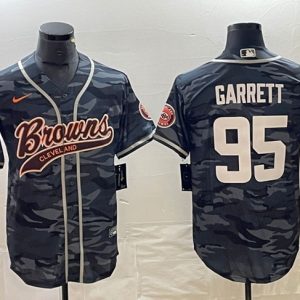 Men Cleveland Browns #95 Myles Garrett Gray Camo With Patch Cool Base Stitched Baseball Jersey