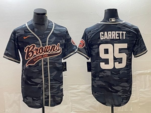 Men Cleveland Browns #95 Myles Garrett Gray Camo With Patch Cool Base Stitched Baseball Jersey