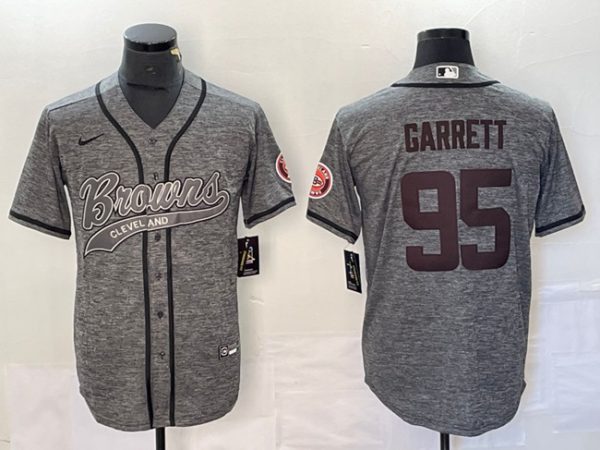 Men Cleveland Browns #95 Myles Garrett Gray With Patch Cool Base Stitched Baseball Jersey