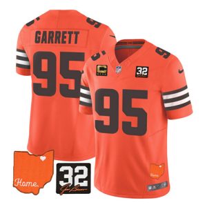 Men Cleveland Browns #95 Myles Garrett Orange 2023 F.U.S.E. With Jim Brown Memorial Patch And 4-Star C Patch Vapor Untouchable Limited Stitched Jersey